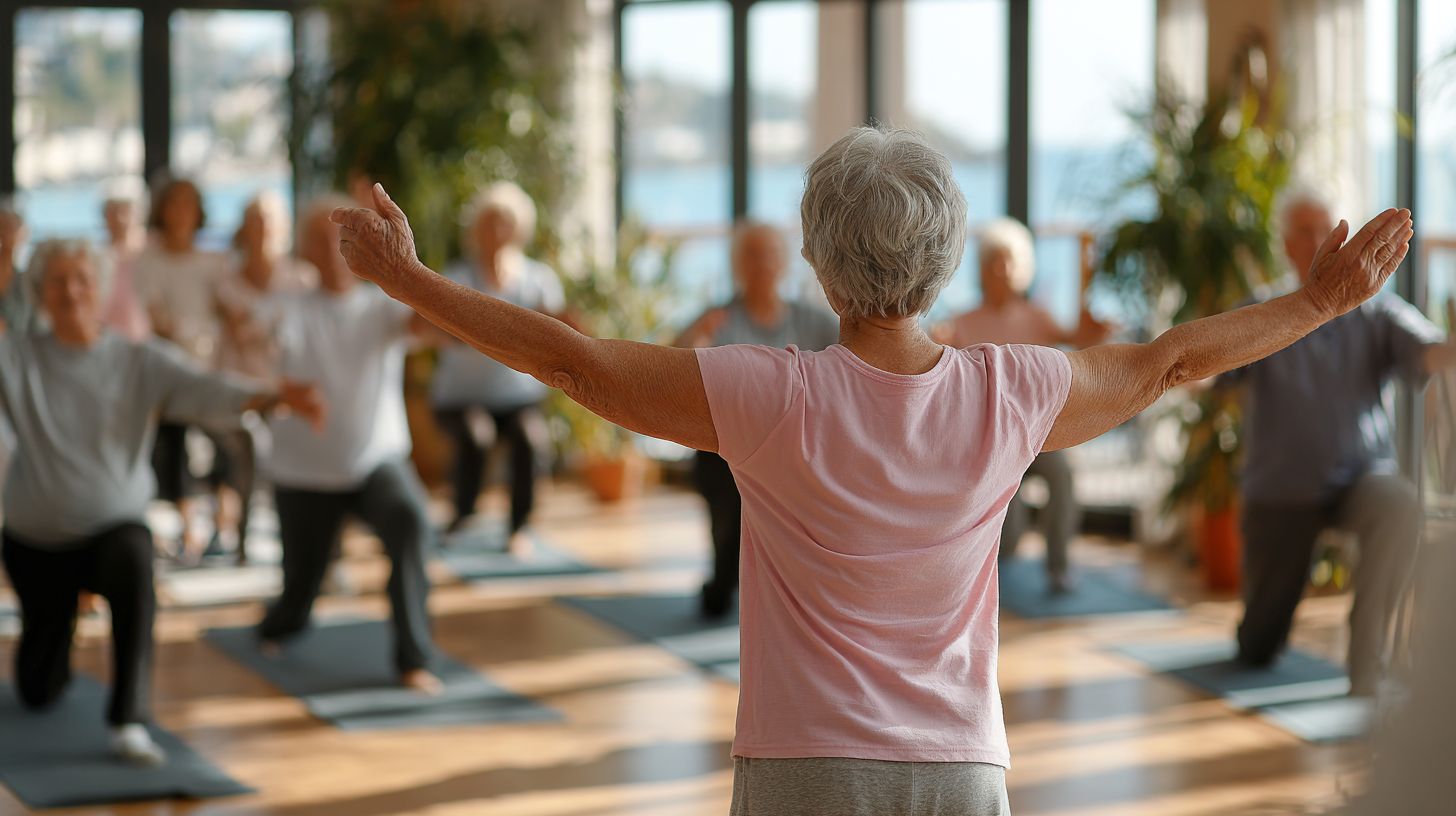 Seniori făcând exerciții de fitness în grup