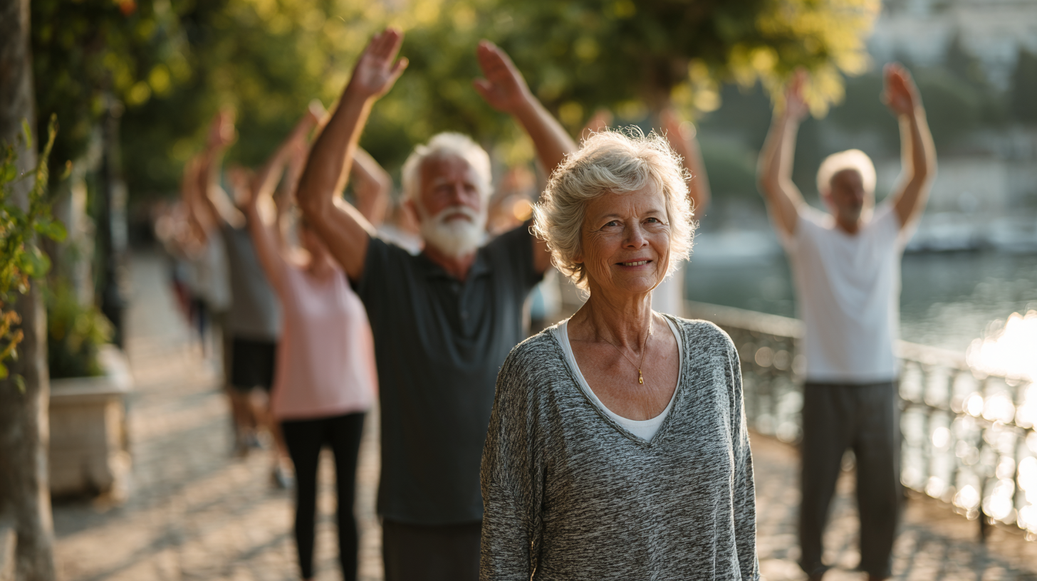 Grup de seniori practicând yoga în parcul